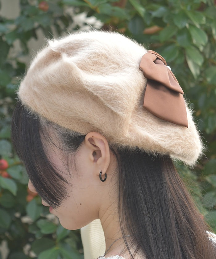 Pearl Ribbon Fur Beret