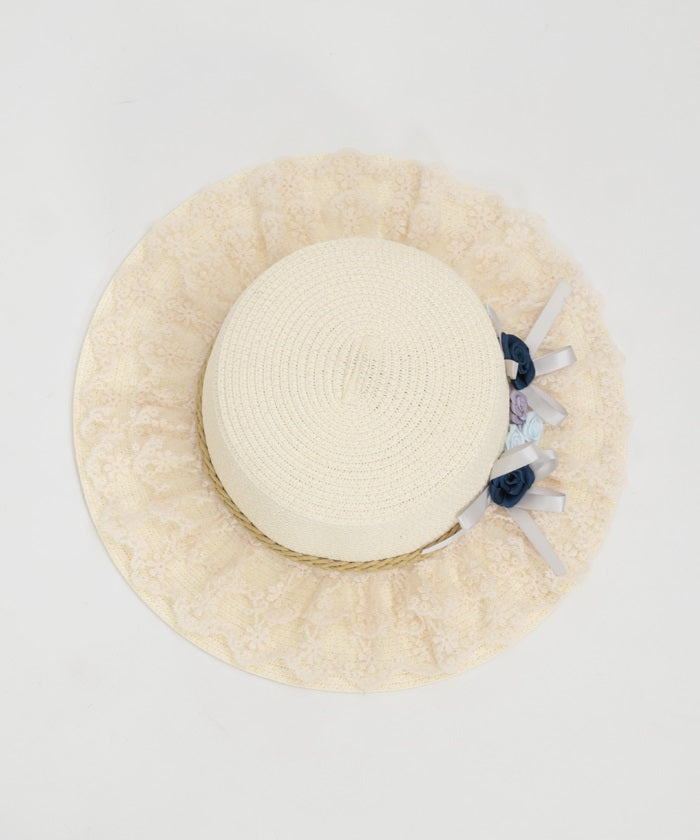 Ribbon Rose Lace Woven Boater Hat