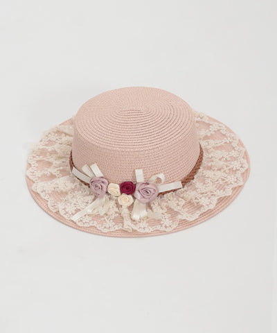Ribbon Rose Lace Woven Boater Hat