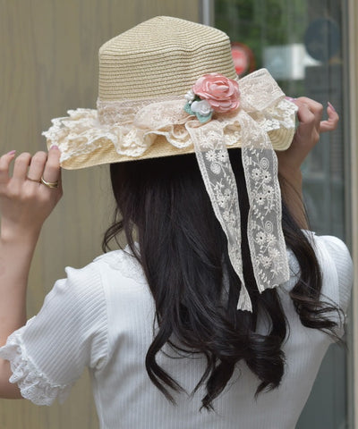 Lace Ribbon Frill Boater Hat