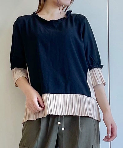 Pleated Color-Coordinated Panel Pullover