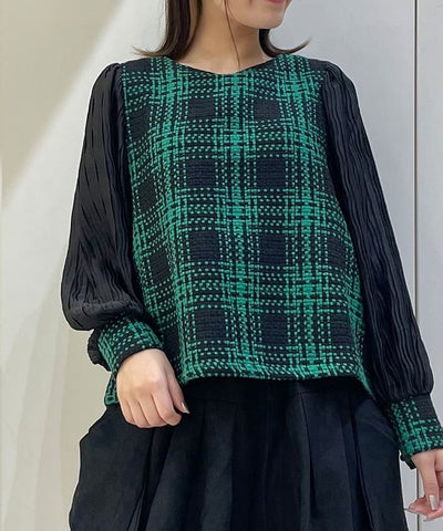 Plaid Tweed Pleated Pullover