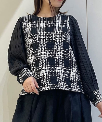 Plaid Tweed Pleated Pullover