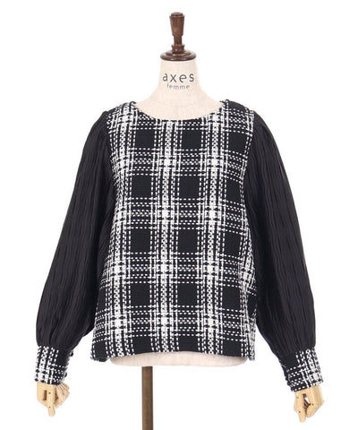 Plaid Tweed Pleated Pullover