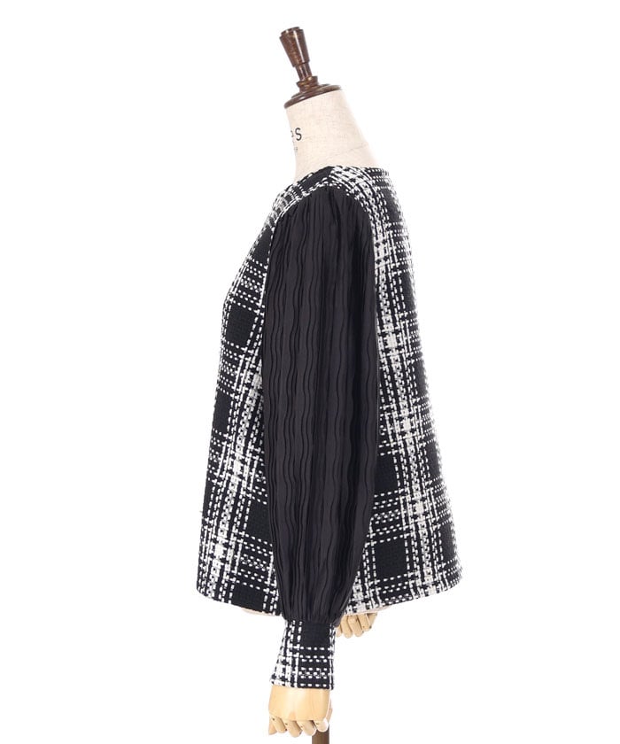 Plaid Tweed Pleated Pullover