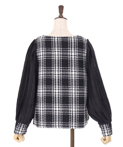 Plaid Tweed Pleated Pullover