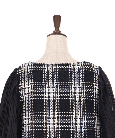 Plaid Tweed Pleated Pullover