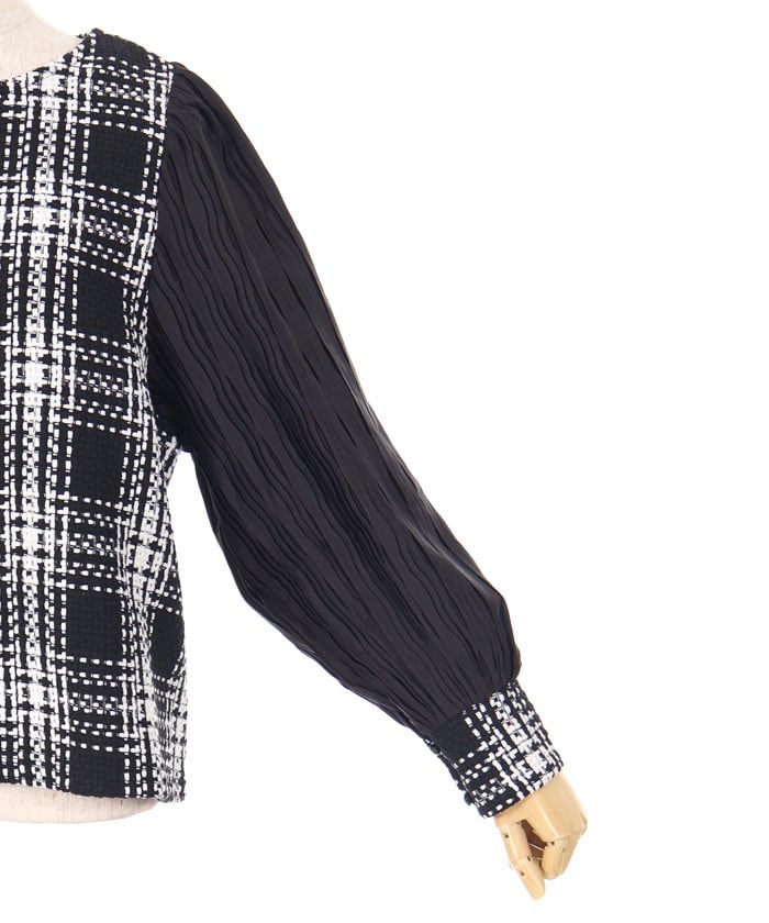 Plaid Tweed Pleated Pullover