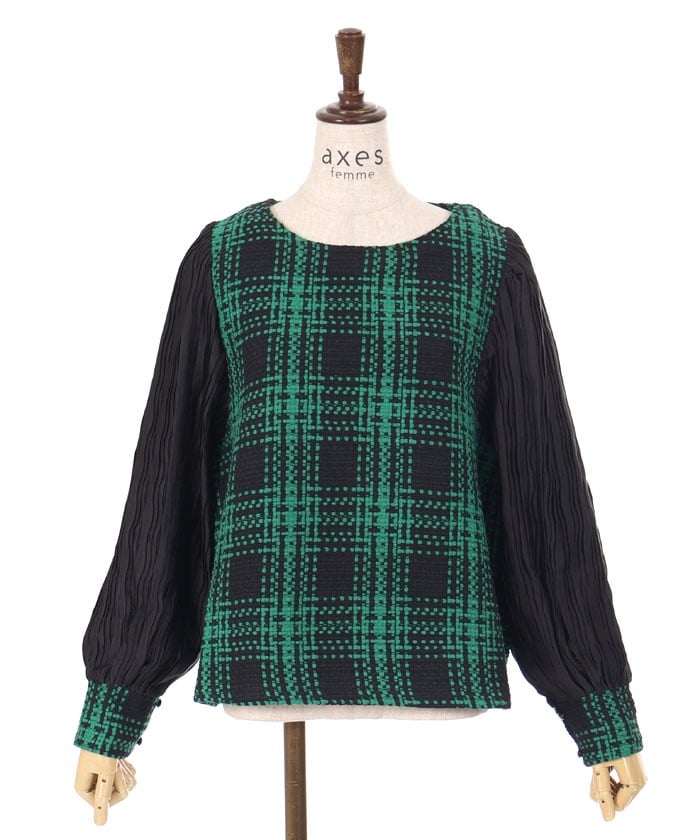 Plaid Tweed Pleated Pullover