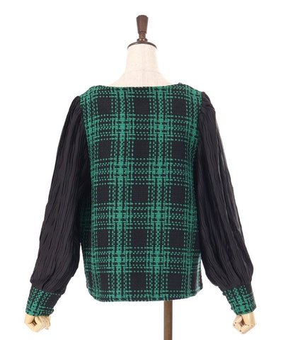 Plaid Tweed Pleated Pullover