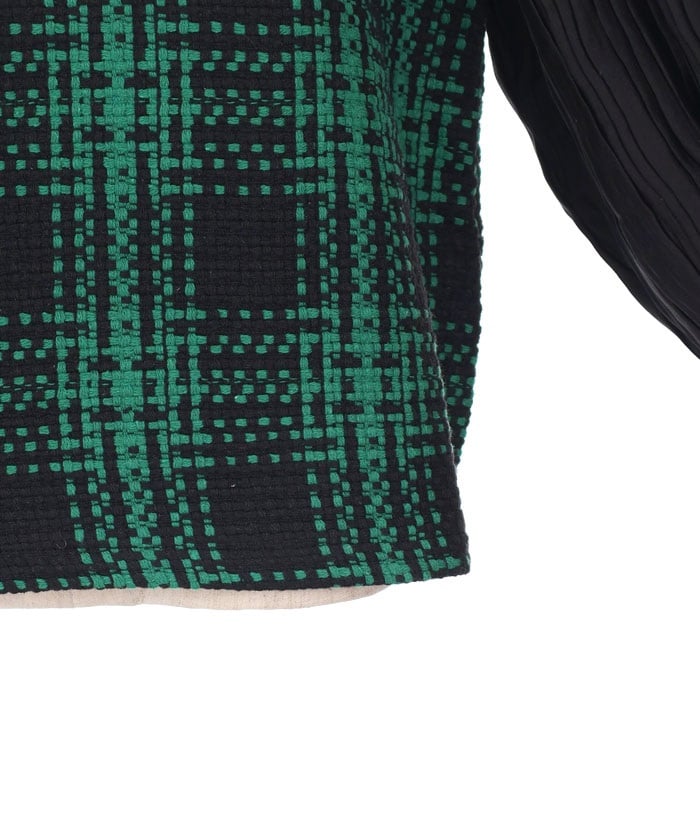 Plaid Tweed Pleated Pullover