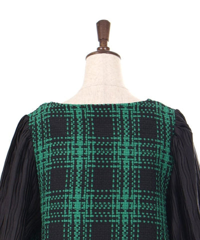 Plaid Tweed Pleated Pullover