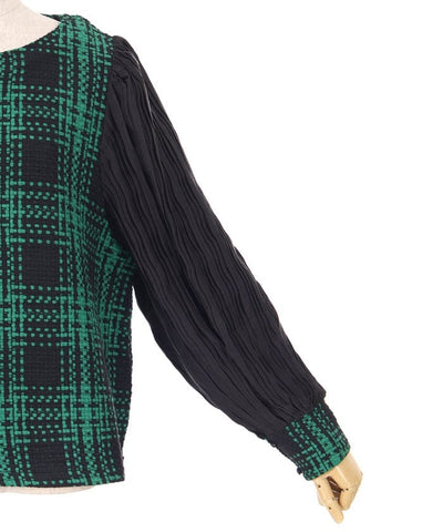 Plaid Tweed Pleated Pullover