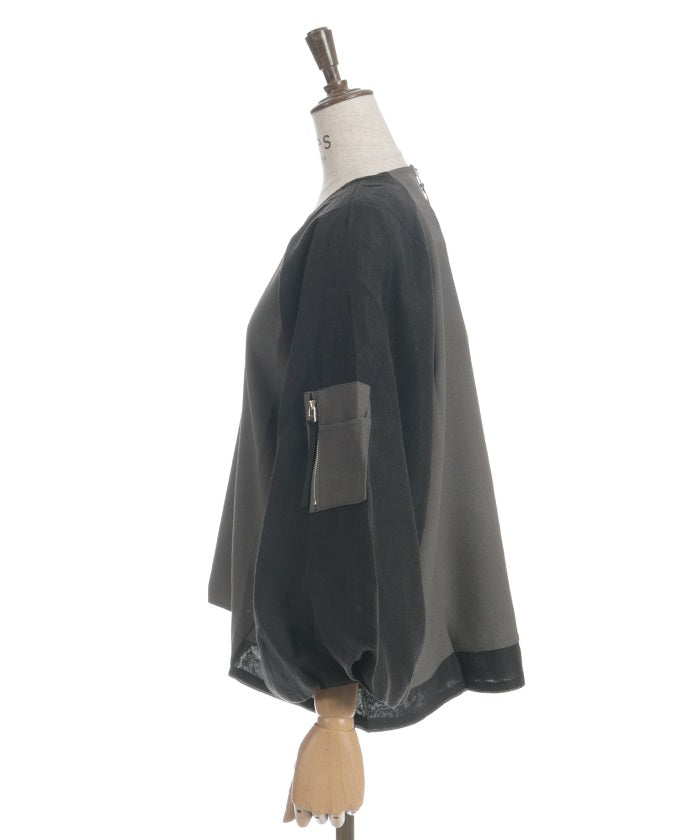 Balloon Sleeve Contrast Fabric Panel Pullover