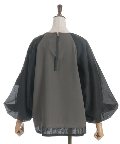 Balloon Sleeve Contrast Fabric Panel Pullover