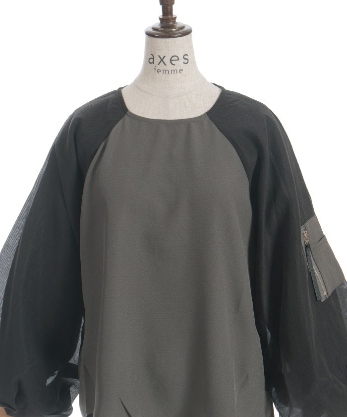 Balloon Sleeve Contrast Fabric Panel Pullover