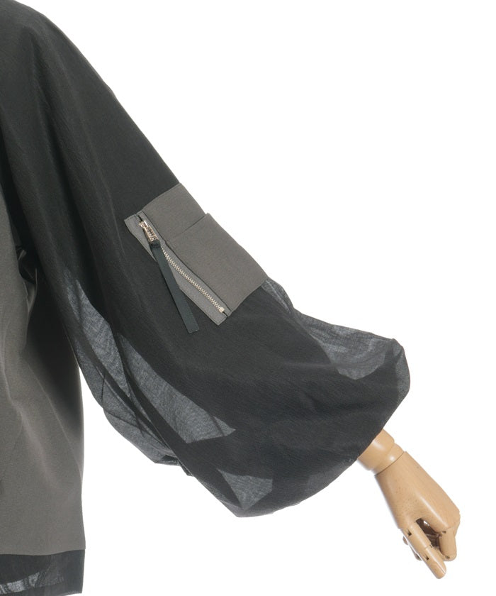 Balloon Sleeve Contrast Fabric Panel Pullover