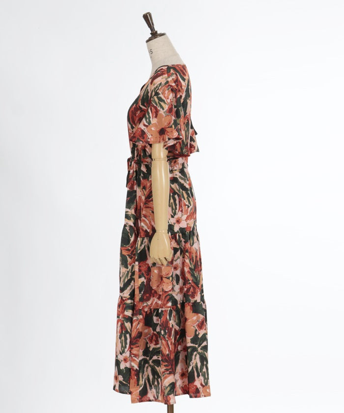 Floral Pattern Drawstring Tiered Dress