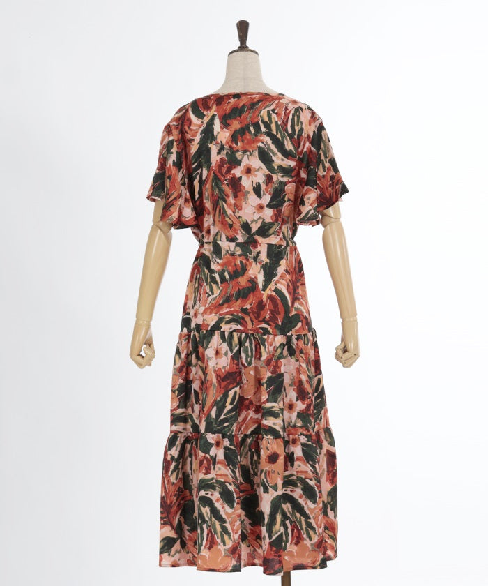 Floral Pattern Drawstring Tiered Dress