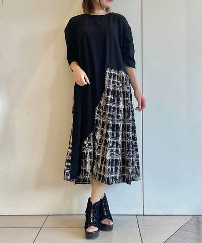 Plain & Plaid Asymmetric Panel Dress