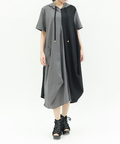 Contrast Fabric Asymmetric Hoodie Dress
