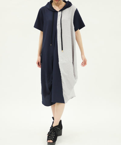 Contrast Fabric Asymmetric Hoodie Dress