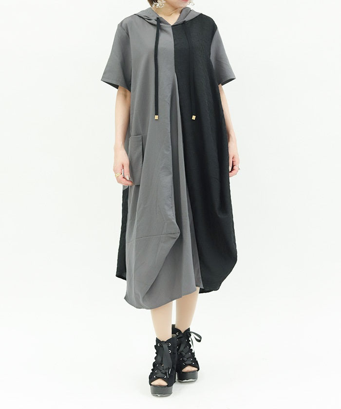 Contrast Fabric Asymmetric Hoodie Dress