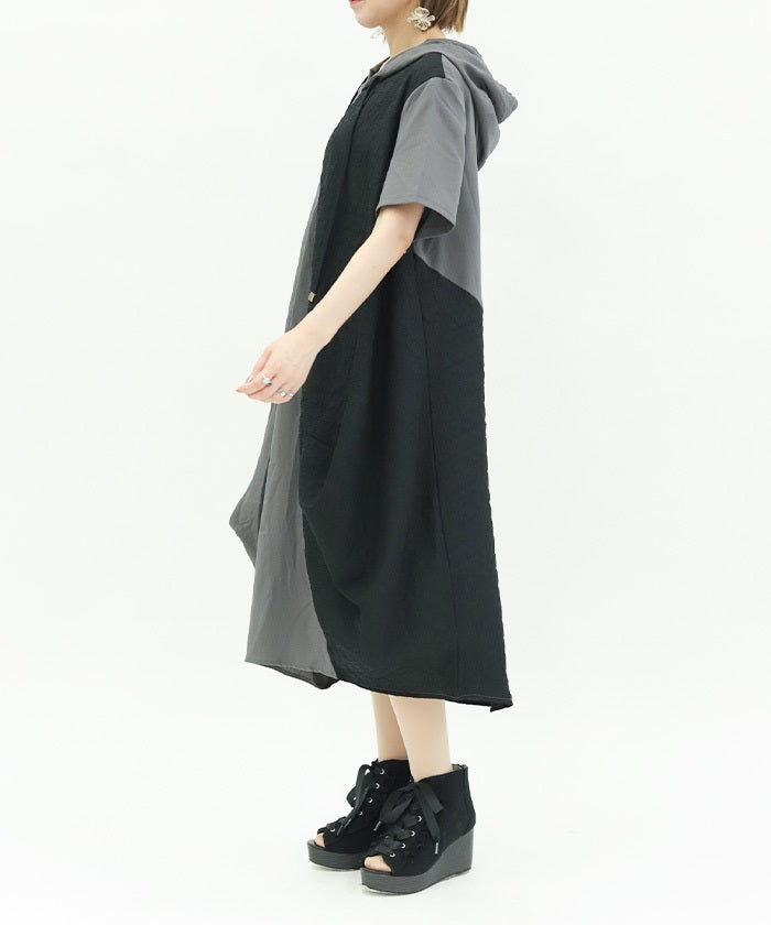 Contrast Fabric Asymmetric Hoodie Dress