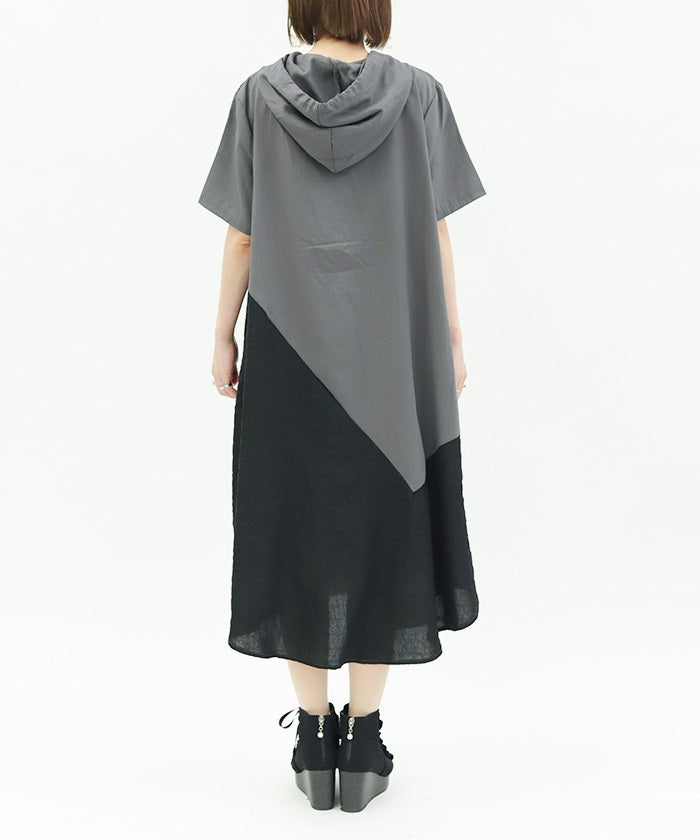 Contrast Fabric Asymmetric Hoodie Dress