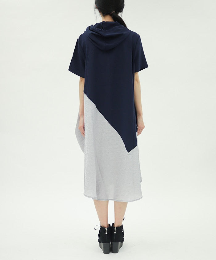Contrast Fabric Asymmetric Hoodie Dress