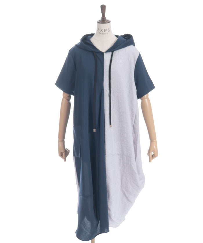 Contrast Fabric Asymmetric Hoodie Dress