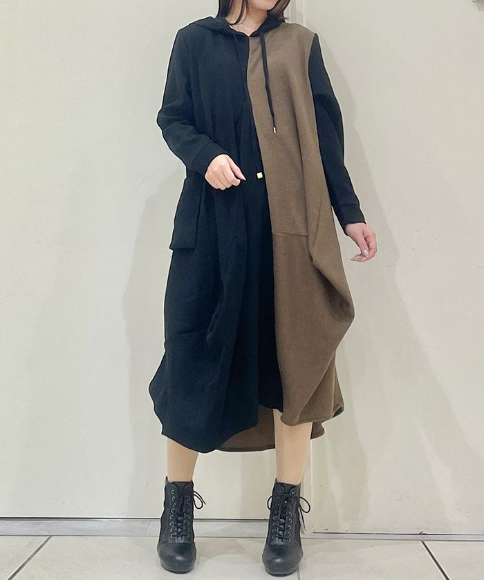 Contrast Fabric Asymmetric Hoodie Dress