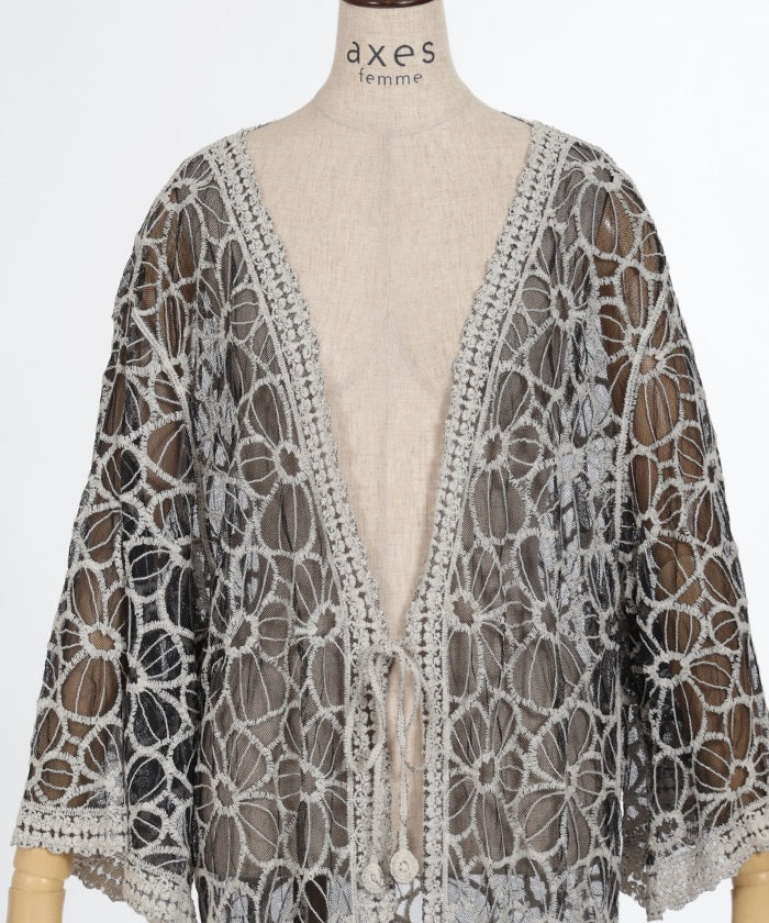 Floral Pattern Embroidery Tulle Long Cardigan