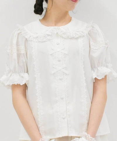 Torsion Lace Round Collar Short Sleeve Blouse