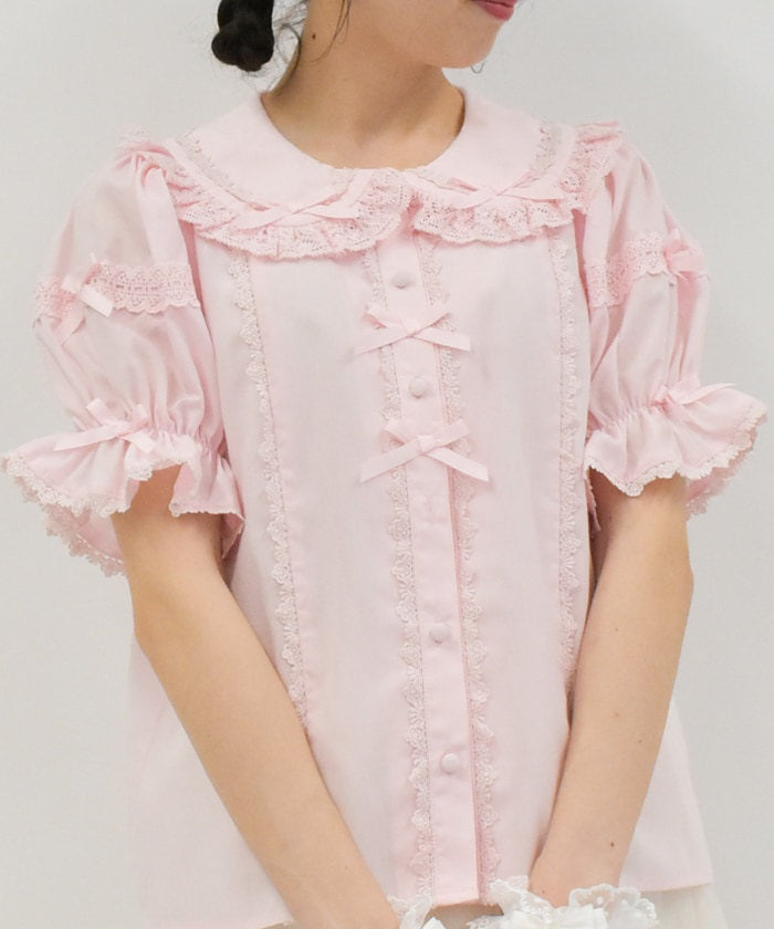 Torsion Lace Round Collar Short Sleeve Blouse
