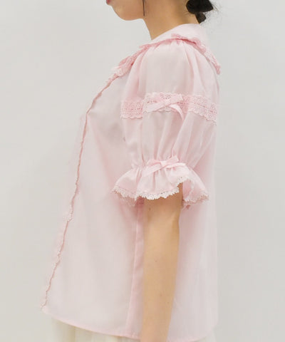 Torsion Lace Round Collar Short Sleeve Blouse