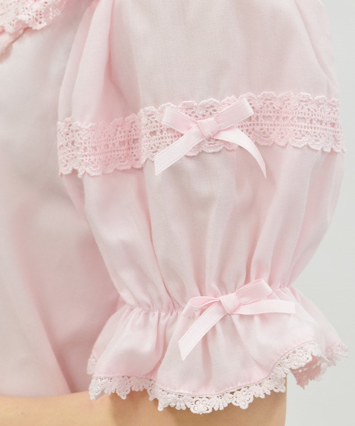Torsion Lace Round Collar Short Sleeve Blouse