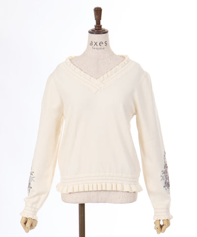 Flower Embroidery Sleeve V-Neck Knit