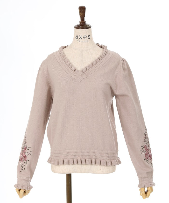 Flower Embroidery Sleeve V-Neck Knit