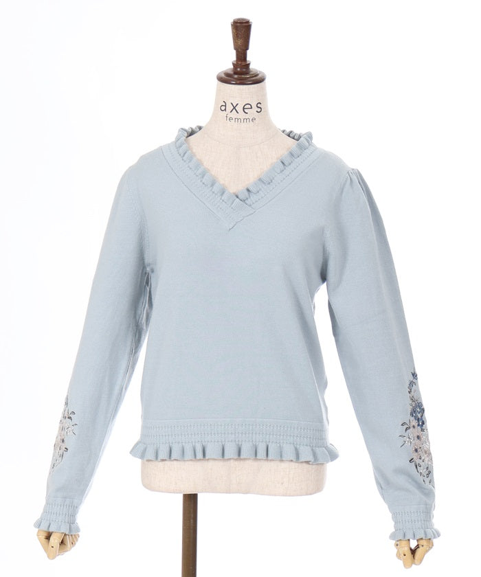 Flower Embroidery Sleeve V-Neck Knit