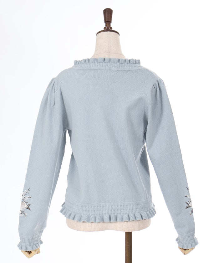 Flower Embroidery Sleeve V-Neck Knit