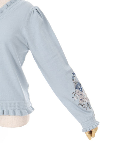 Flower Embroidery Sleeve V-Neck Knit