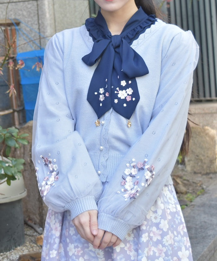 SakuRa様 カーディガン ライトブルー Sakura Embroidery Tulle Sleeve Cardigan – axes femme from JAPAN