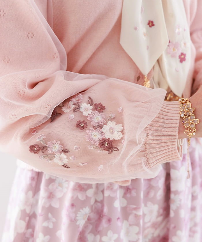 Sakura Embroidery Tulle Sleeve Cardigan – axes femme from JAPAN
