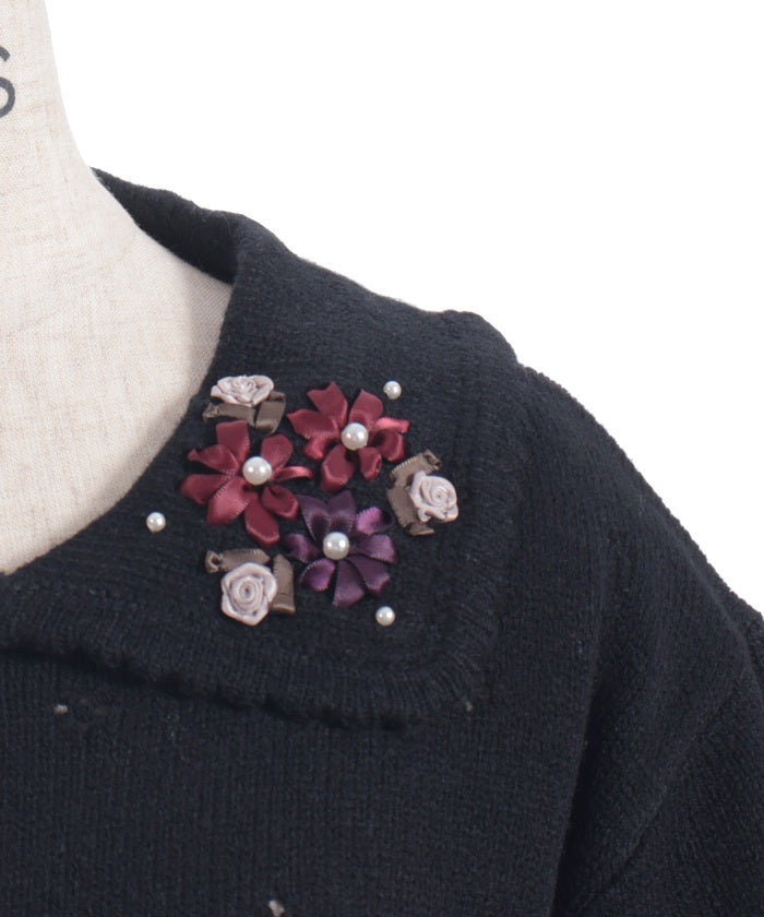 Flower Ribbon Embroidery Knit Cardigan