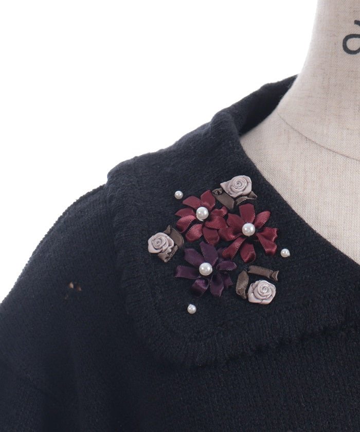 Flower Ribbon Embroidery Knit Cardigan