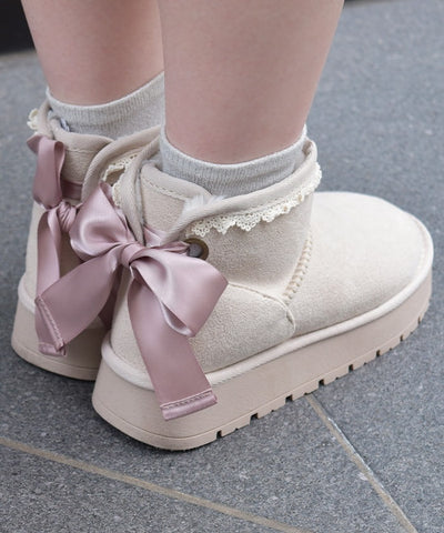 Back Ribbon Platform Faux Sheepskin Boots