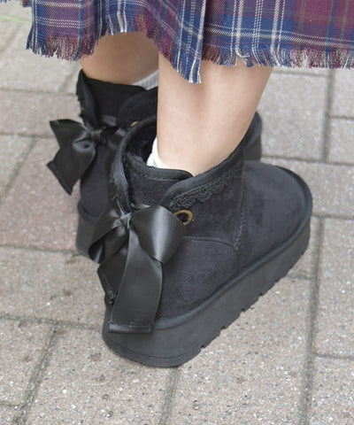 Back Ribbon Platform Faux Sheepskin Boots