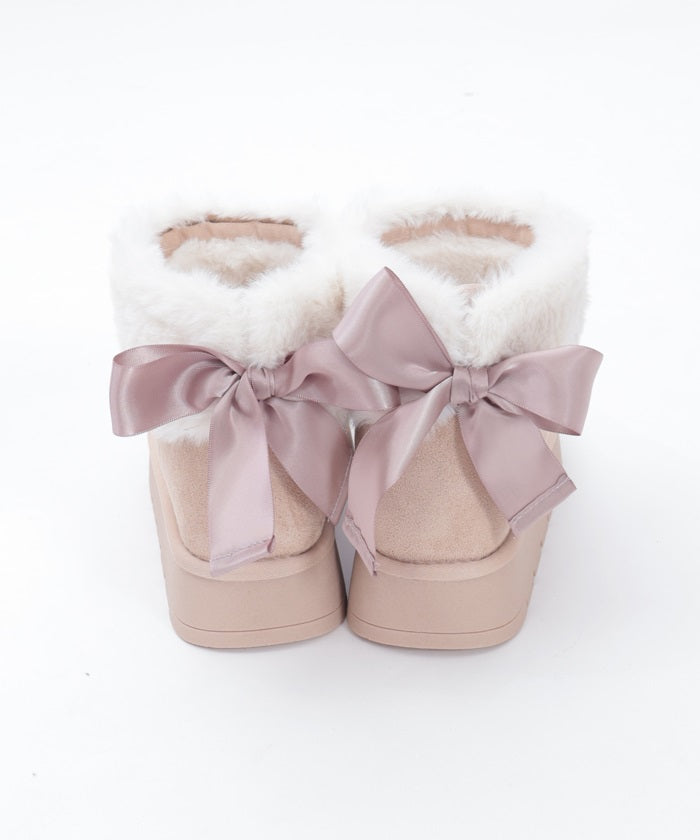 Back Ribbon Fur Faux Sheepskin Boots