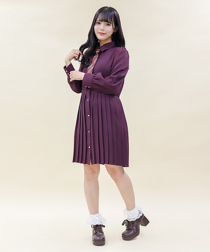 Pleated Shirt Dress with Necktie